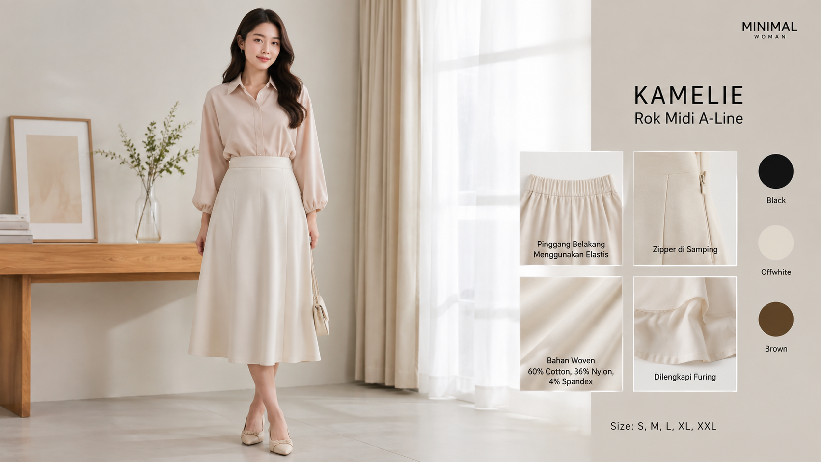 MINIMAL Kamelie, Rok Midi A-Line Simpel dengan Tampilan Elegan