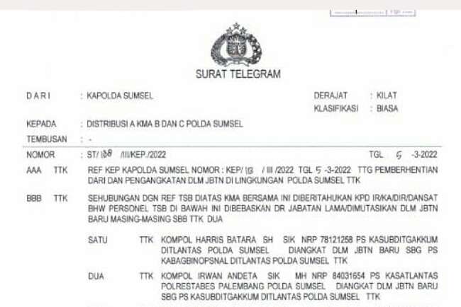 Kasat Reskrim serta Sejumlah Pejabat Polres Ogan Ilir Dimutasi, Ini Nama-namanya!