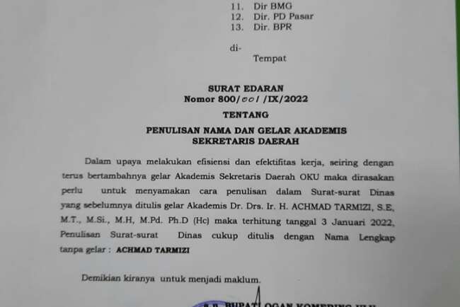 Sekda dengan Gelar Terbanyak Akhirnya Keluarkan Surat Edaran