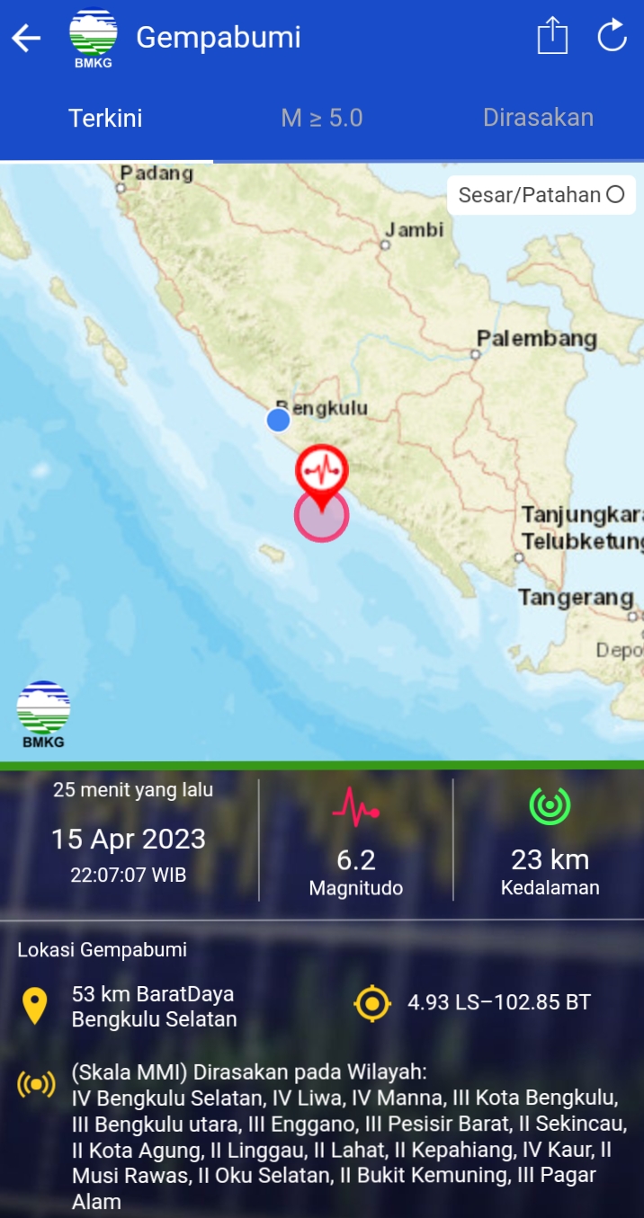 Gempa Guncang Bengkulu 6,2 SR, Tidak Berpotensi Tsunami