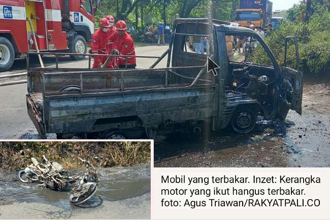 Mobil Pick Up Terbakar, Api Sambar Sepeda Motor yang Melintas, Ikut Hangus!