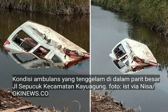 Ambulans  PT Sampoerna Agro Terbenam, Masuk Parit di Jl Sepucuk Kayuagung
