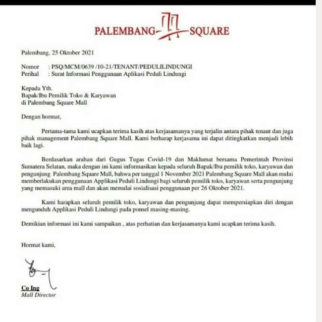 Mulai 1 November, Masuk Palembang Square Mal Wajib Pakai Peduli Lindungi